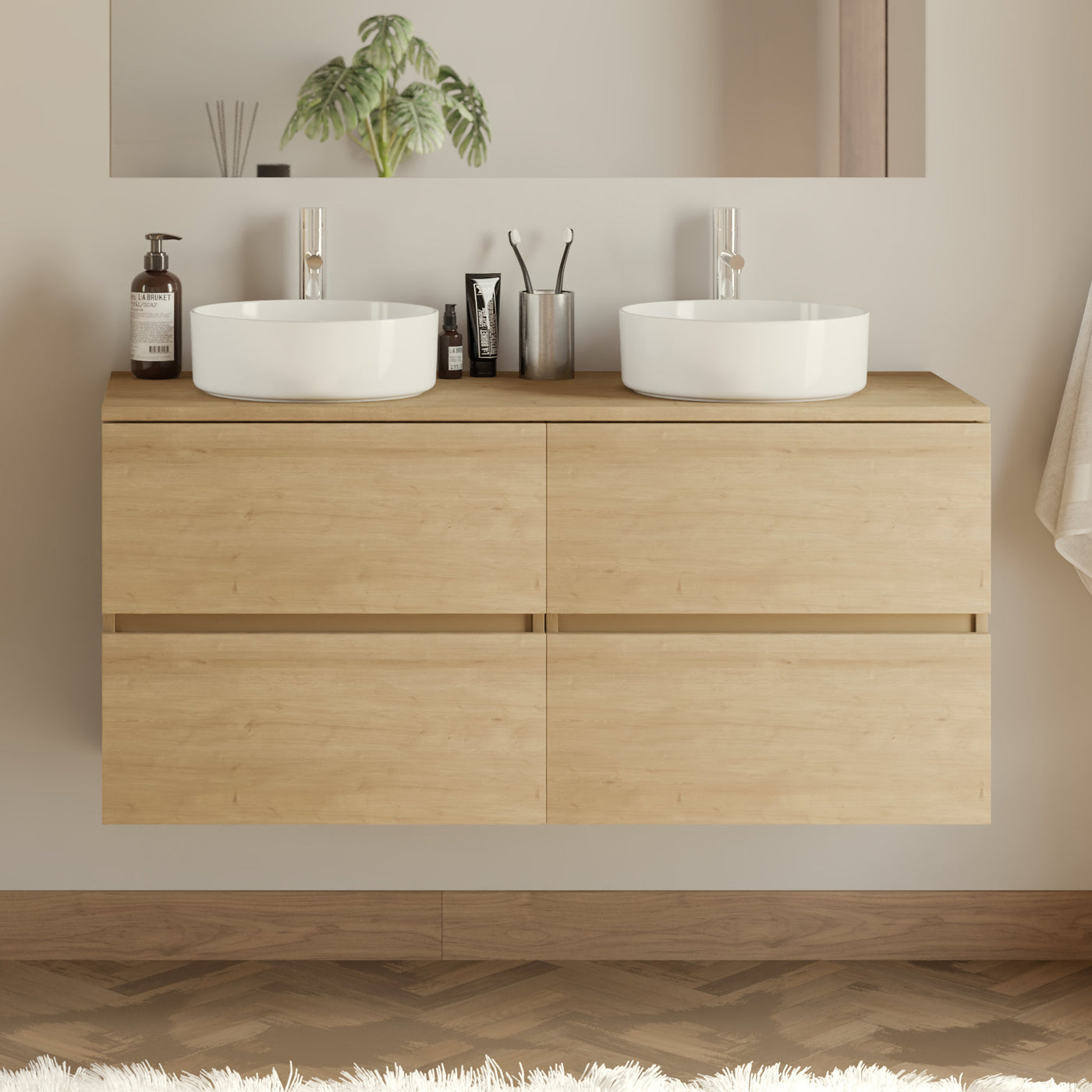 Meuble de salle de bain 120cm avec plateau et 2 vasques à poser rondes - 4 tiroirs - IDA