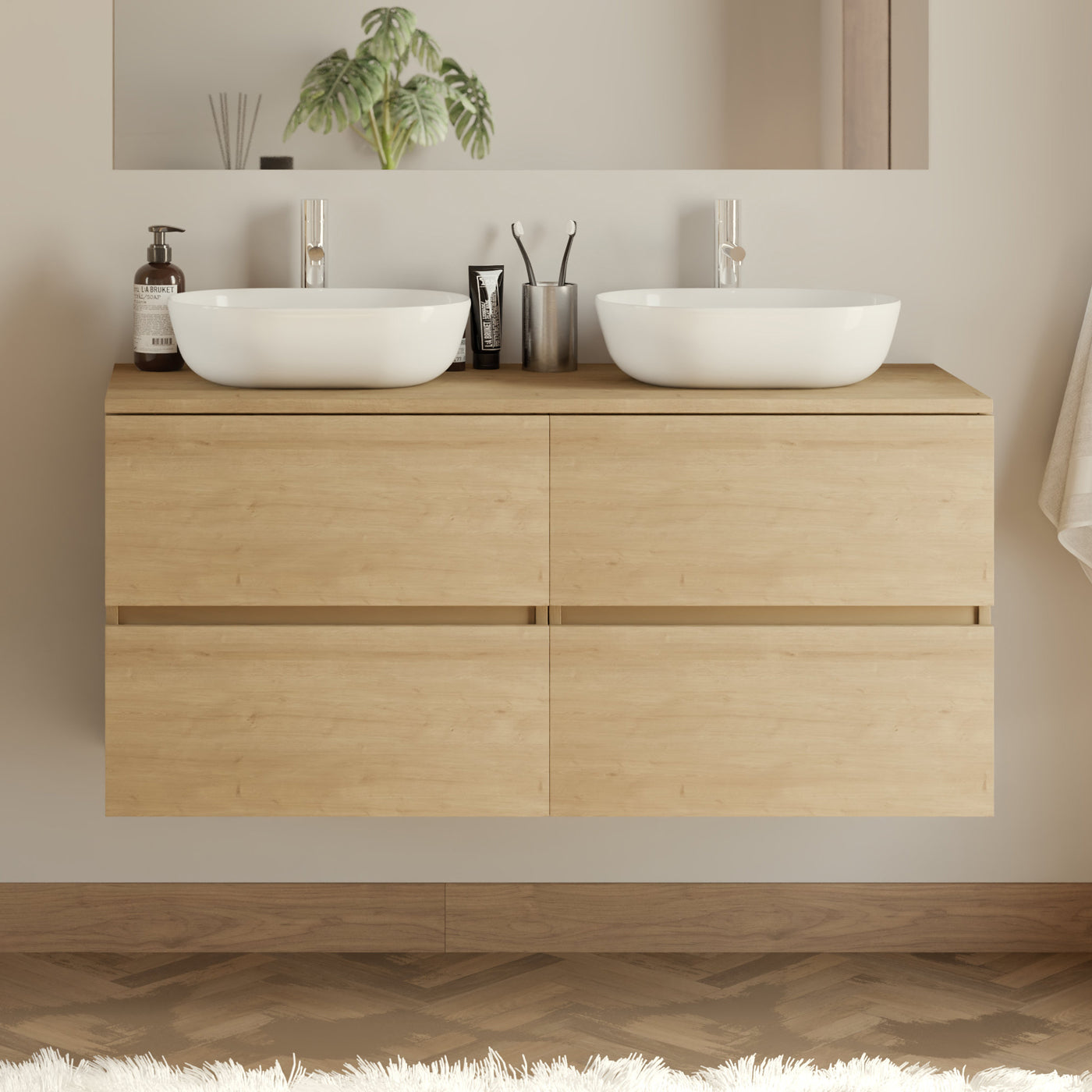 Meuble de salle de bain 120cm avec plateau et 2 vasques à poser arrondies - 4 tiroirs - IDA
