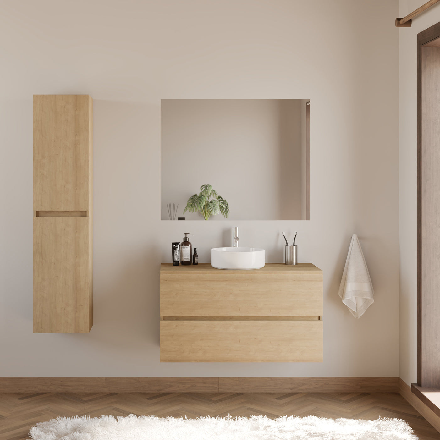 Meuble de salle de bain 100cm avec plateau et vasque à poser ronde - 2 tiroirs - IDA
