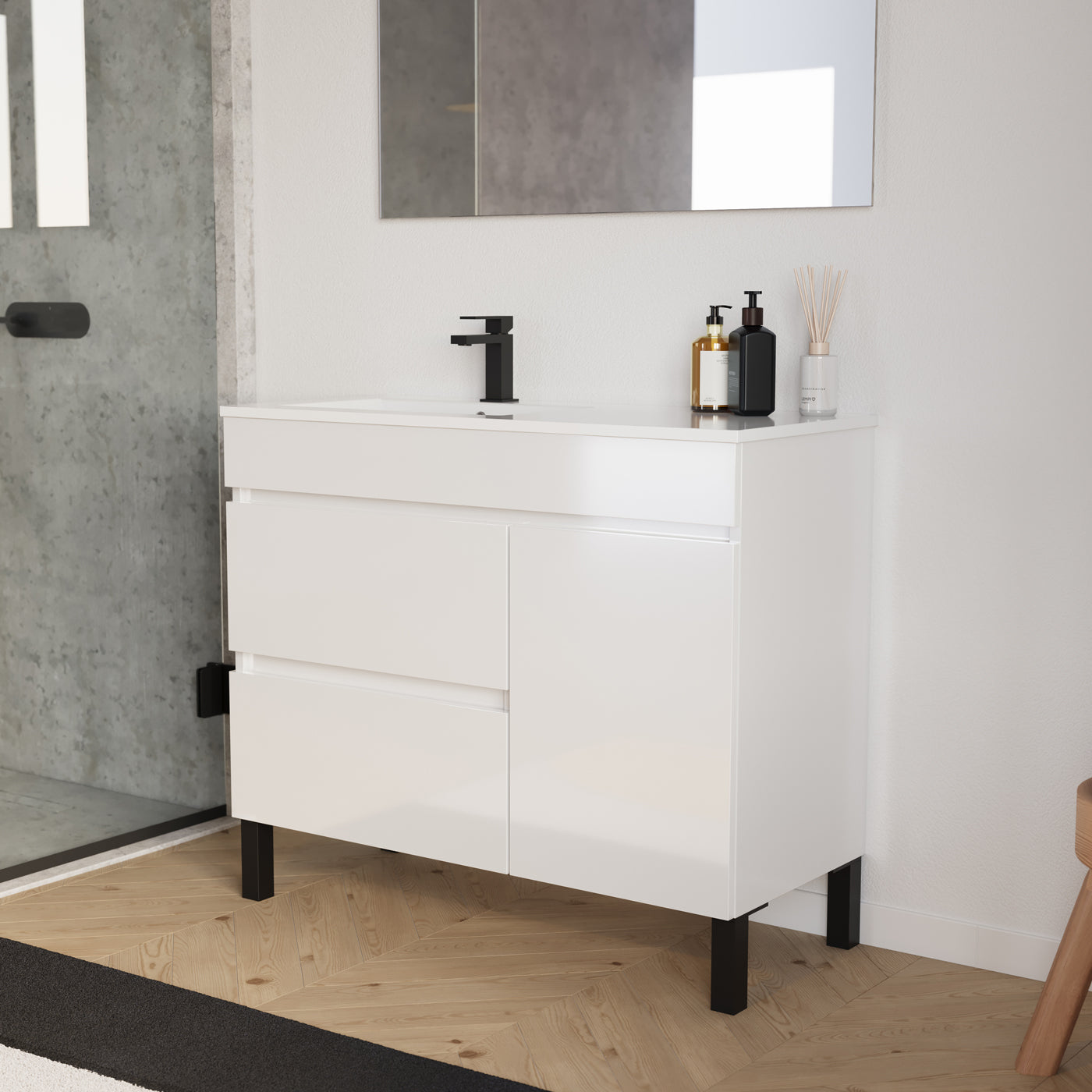 Meuble salle de bain LAZARO 100cm blanc vasque gauche vue profil