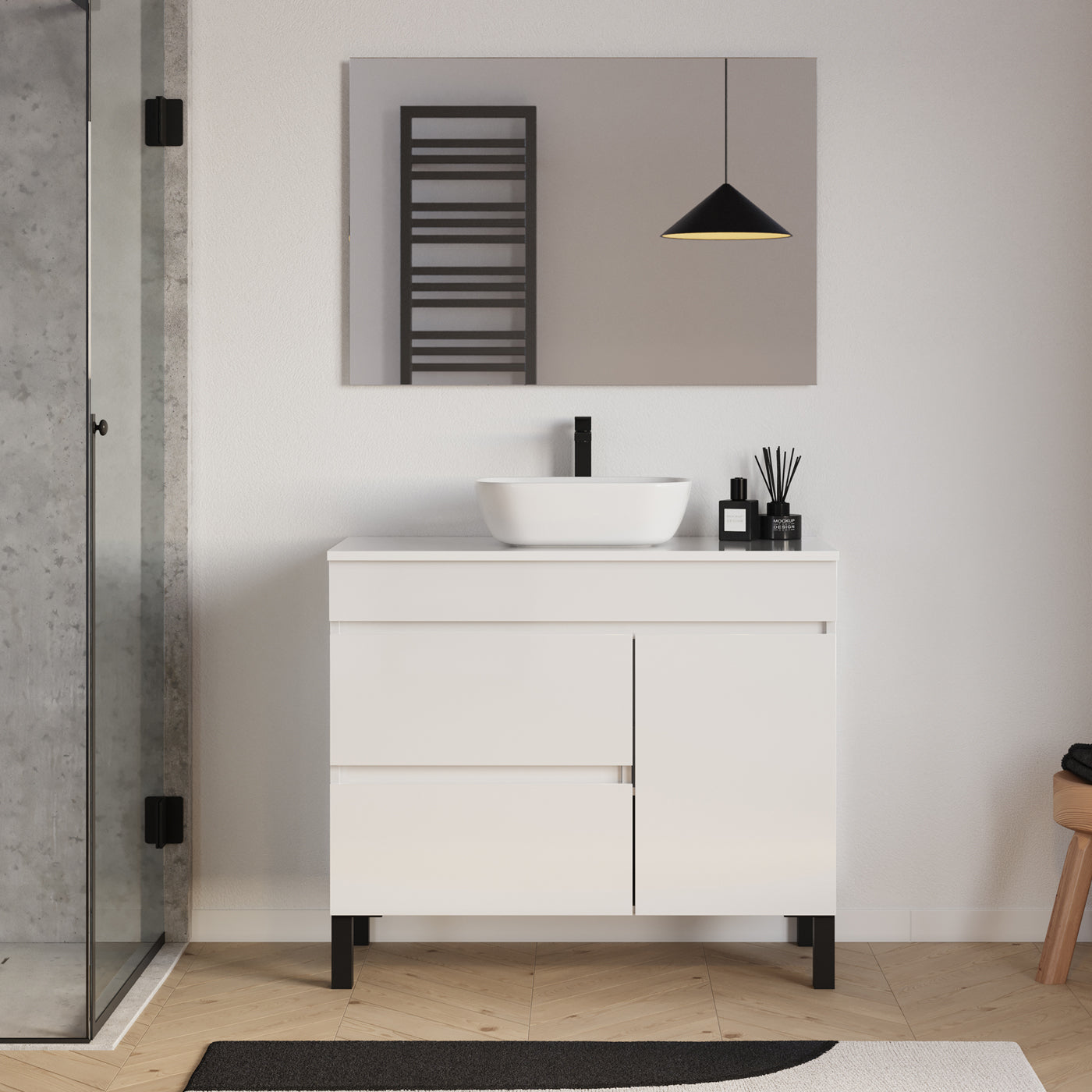 Meuble salle de bain LAZARO 100cm blanc avec vasque zeus miroir