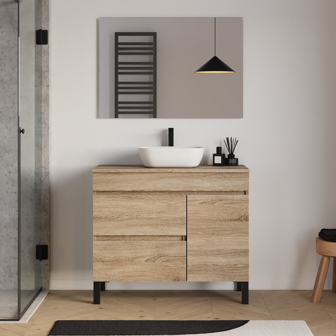 Meuble salle de bain LAZARO 100cm cambrian avec vasque zeus miroir