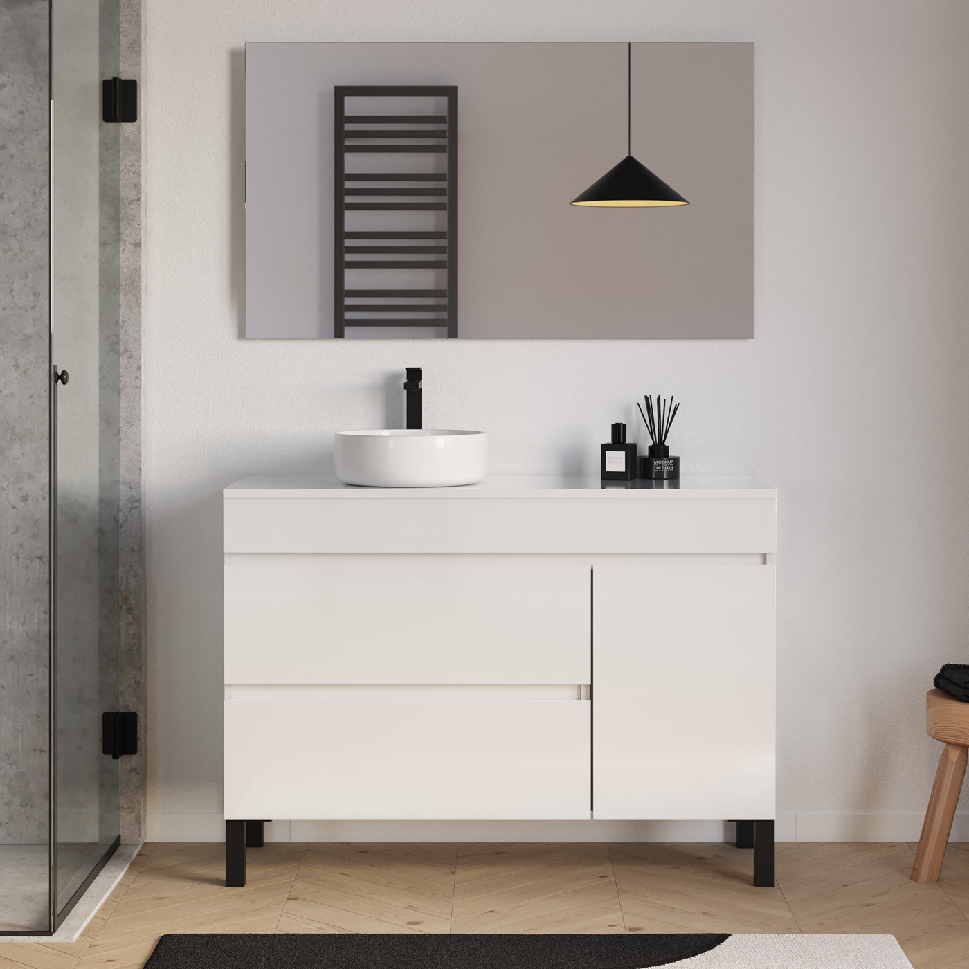 Meuble salle de bain LAZARO 120cm blanc avec vasque gauche ares miroir
