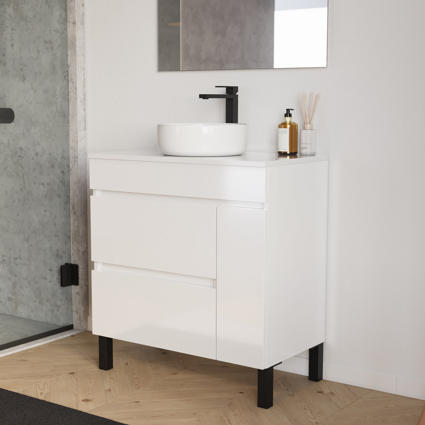 Meuble salle de bain LAZARO 80cm blanc vasque ares vue profil