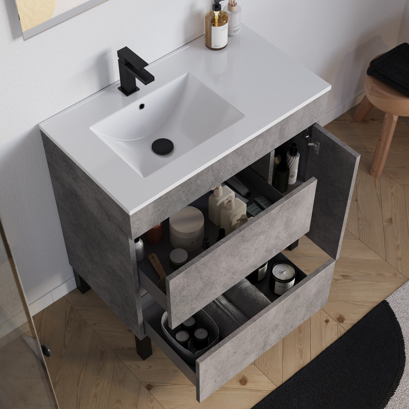 Meuble salle de bain LAZARO 80cm ciment vasque gauche vue dessus