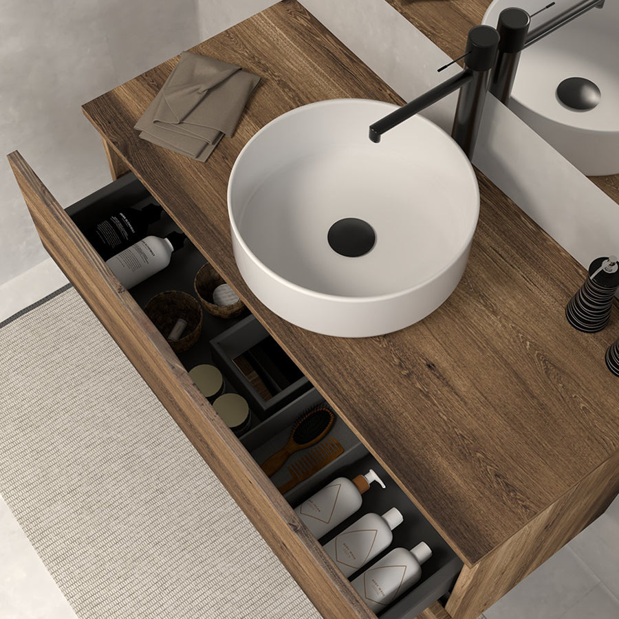 Meuble de salle de bain 60 avec plateau et vasque à poser - sans miroir - 2 tiroirs - LUNA