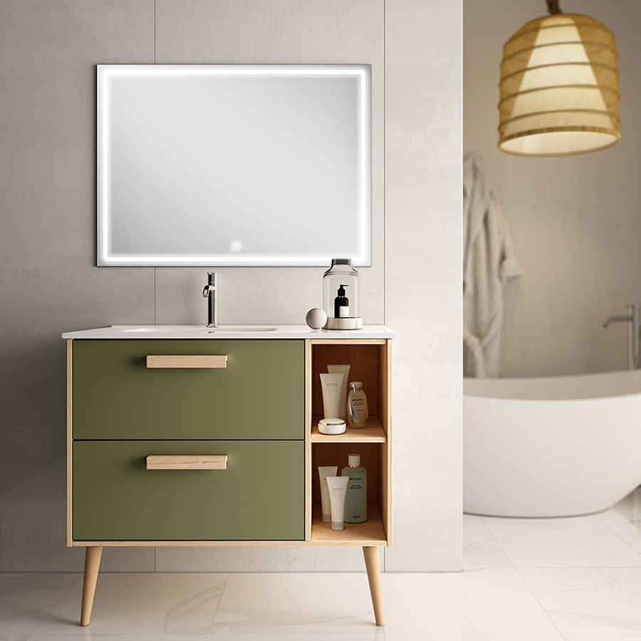 Meuble de salle de bain 80cm vasque déportée - 2 tiroirs - MALIA et miroir Led VELDI