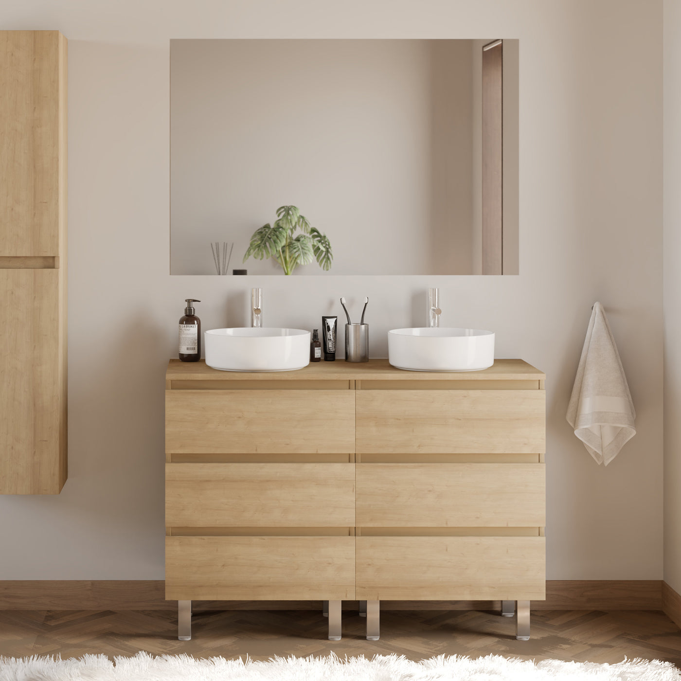 Meuble de salle de bain 120cm avec plateau et 2 vasques à poser rondes - 6 tiroirs - sans miroir - MAYOR