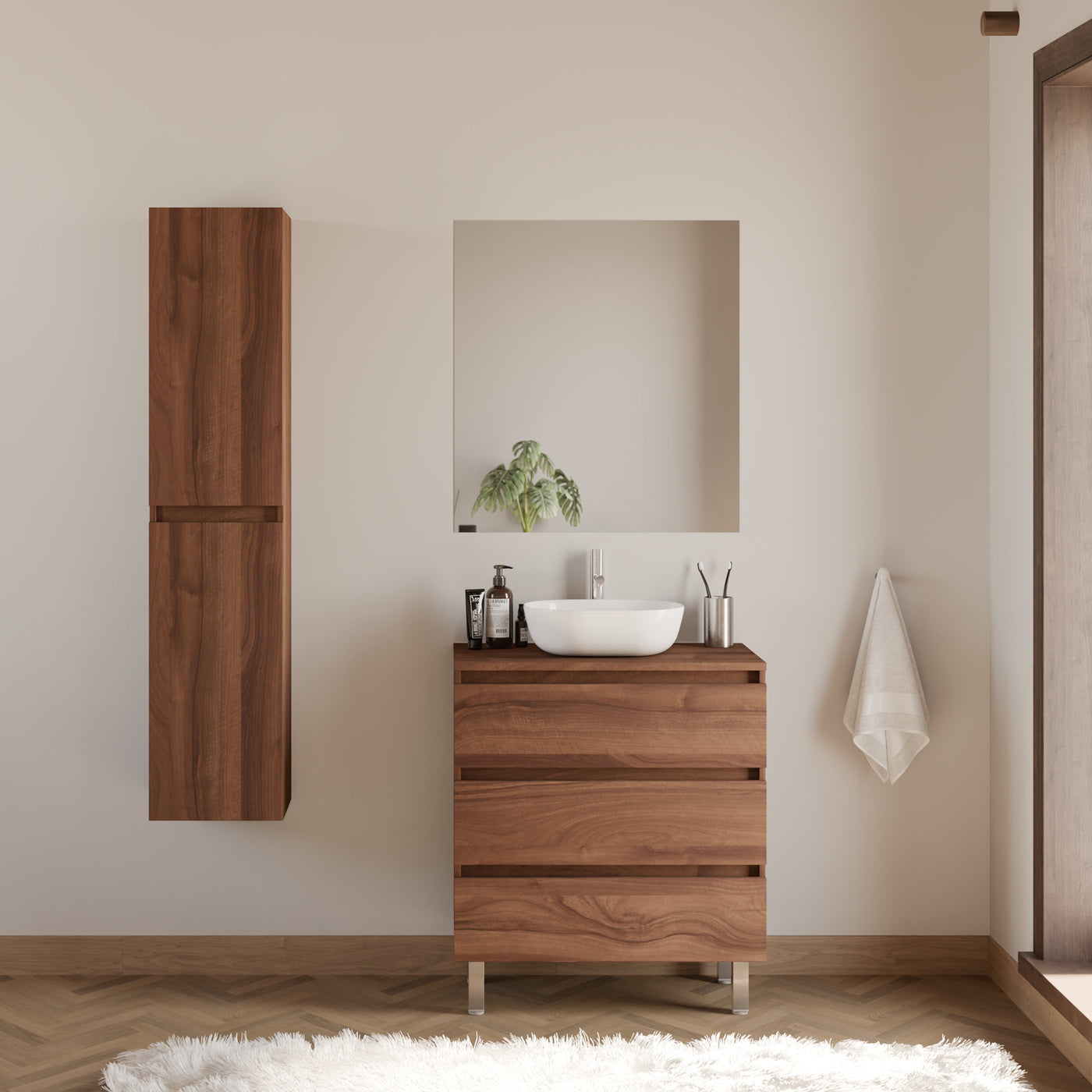 Meuble de salle de bain 60cm avec plateau et vasque à poser arrondie - 3 tiroirs - MAYOR