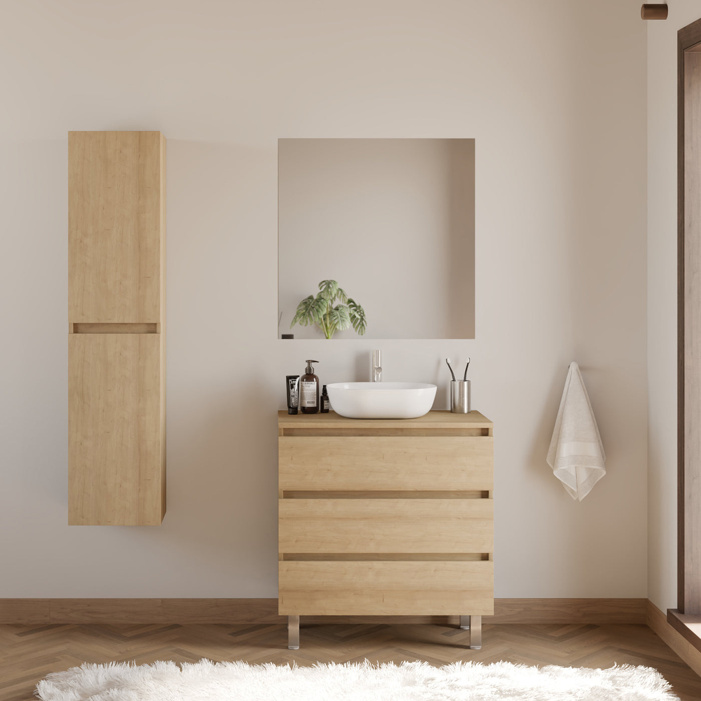 Meuble de salle de bain 80cm avec plateau et vasque à poser arrondie - 3 tiroirs - MAYOR
