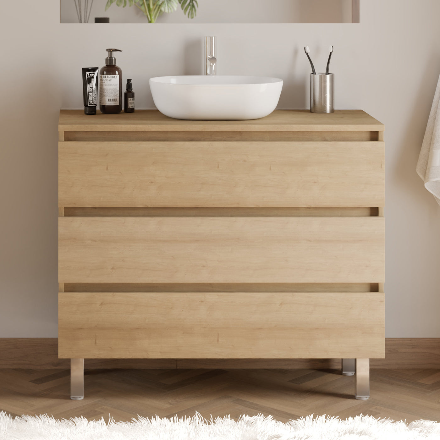 Meuble de salle de bain 90cm avec plateau et vasque à poser arrondie - 3 tiroirs - MAYOR