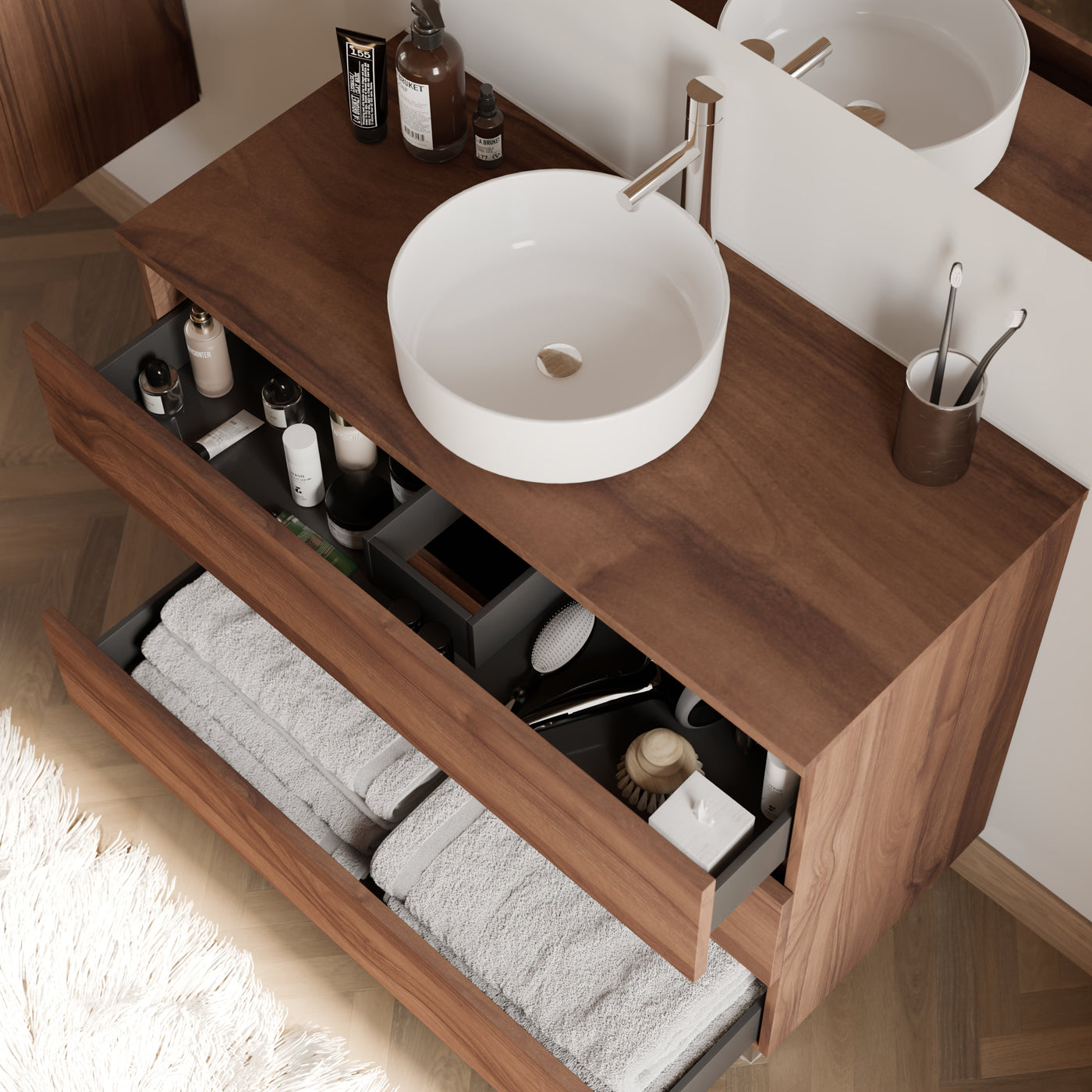 Meuble de salle de bain MAYOR 90 100 cm nogal vasque ares vue de dessus