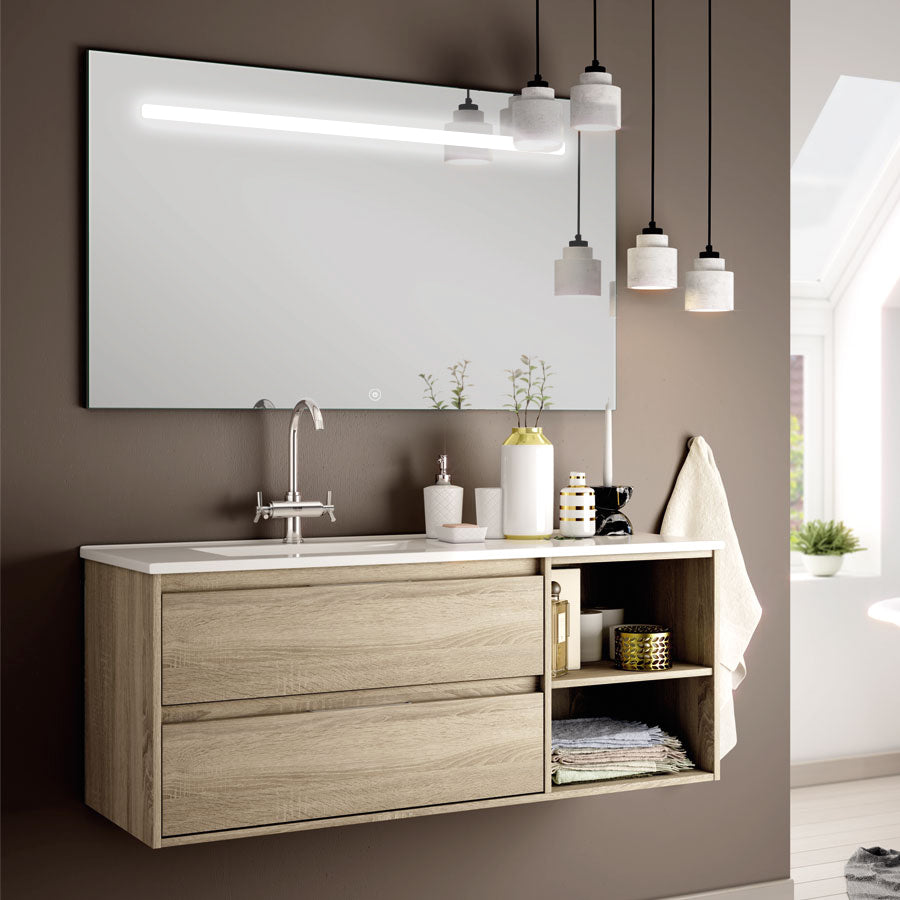 Meuble de salle de bain 120cm vasque déportée 2 tiroirs et miroir Led STAM - OLYMPE