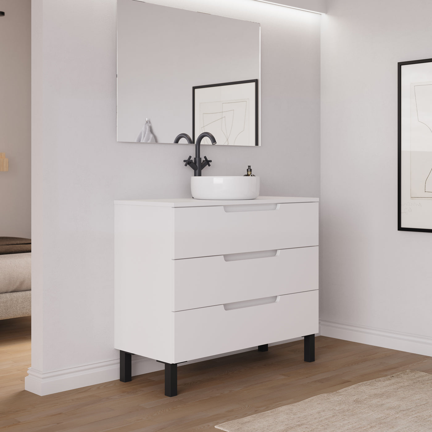 Meuble salle de bain RIZA 100cm blanc vasque ares vue profil