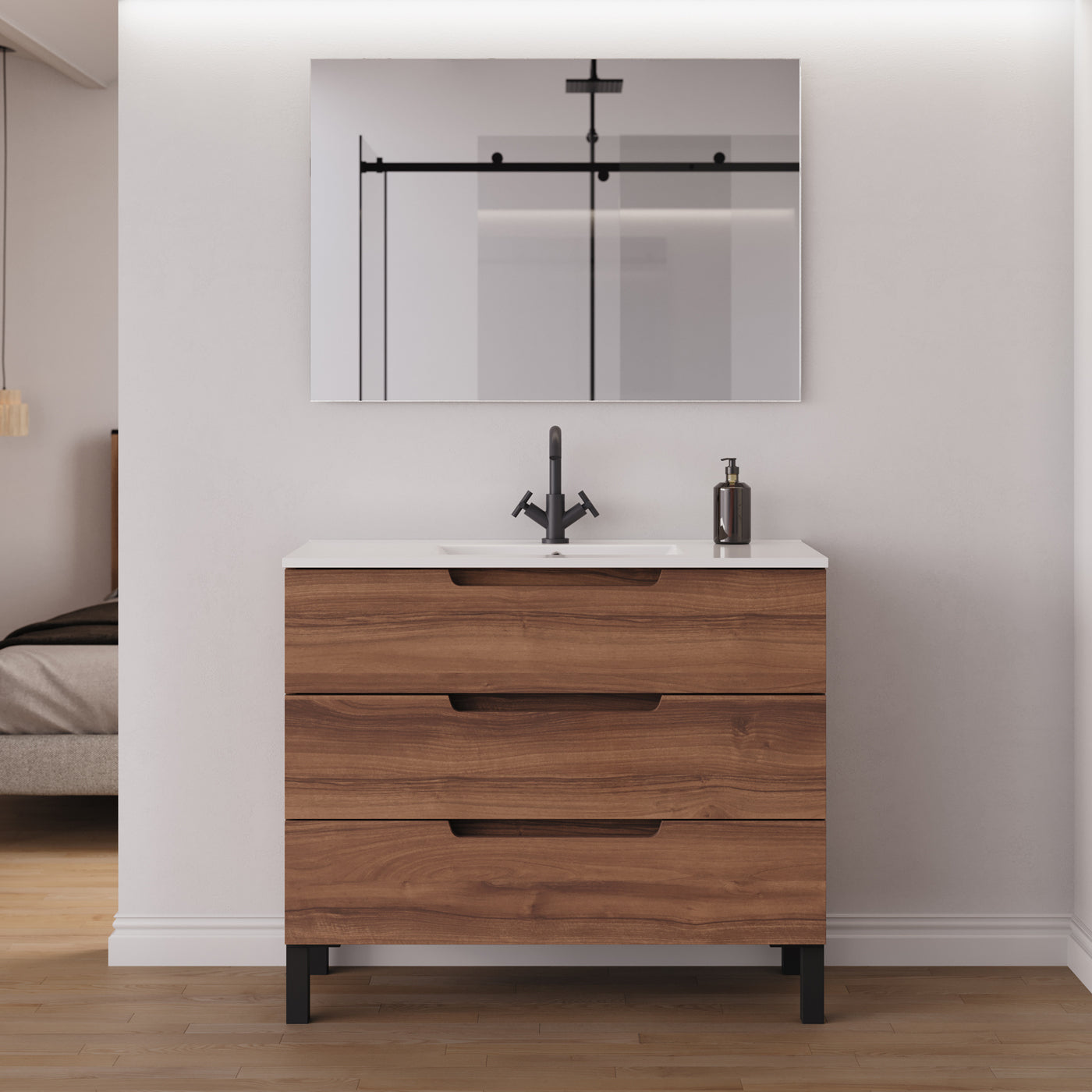 Meuble salle de bain RIZA 100cm noyer miroir
