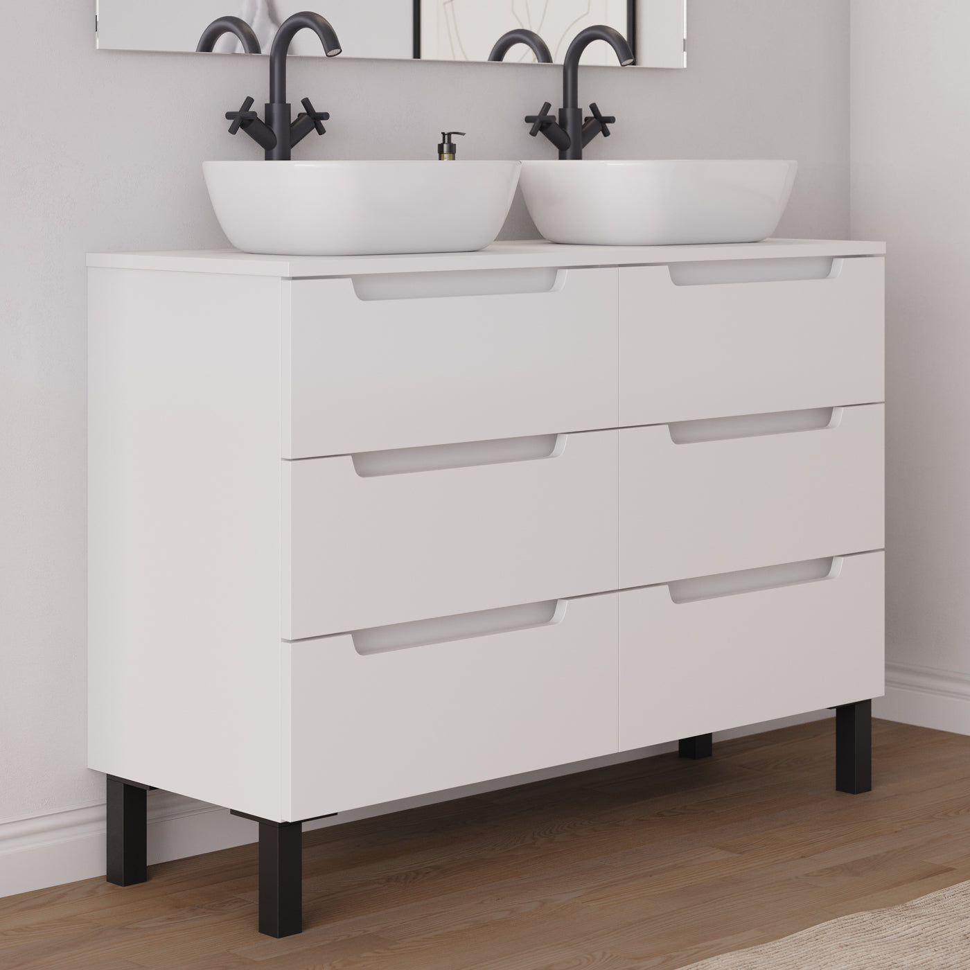 Meuble salle de bain RIZA 120cm 6 tiroirs blanc double vasque zeus vue côté