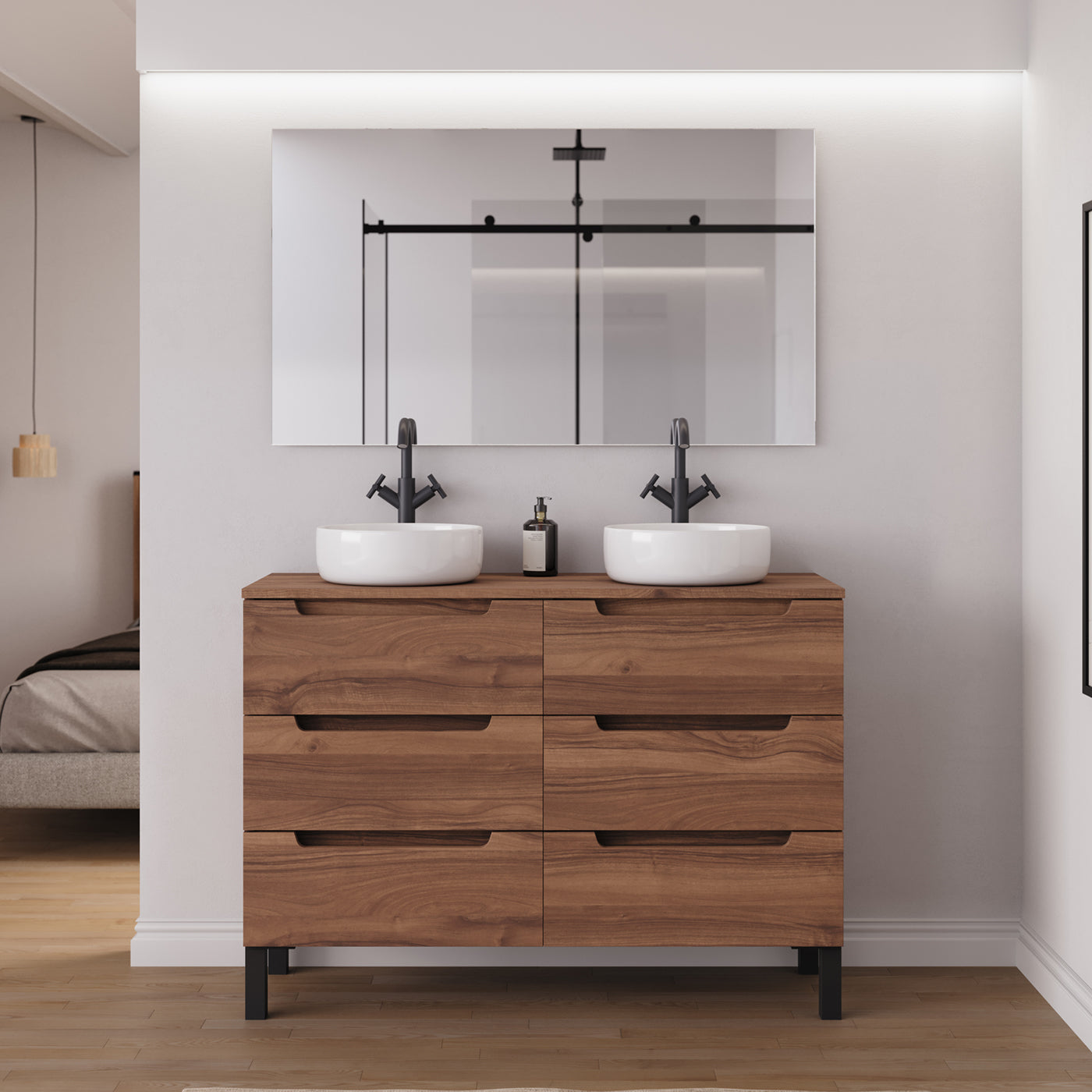 Ambiance Meuble salle de bain RIZA 120cm 6 tiroirs noyer double vasque ares