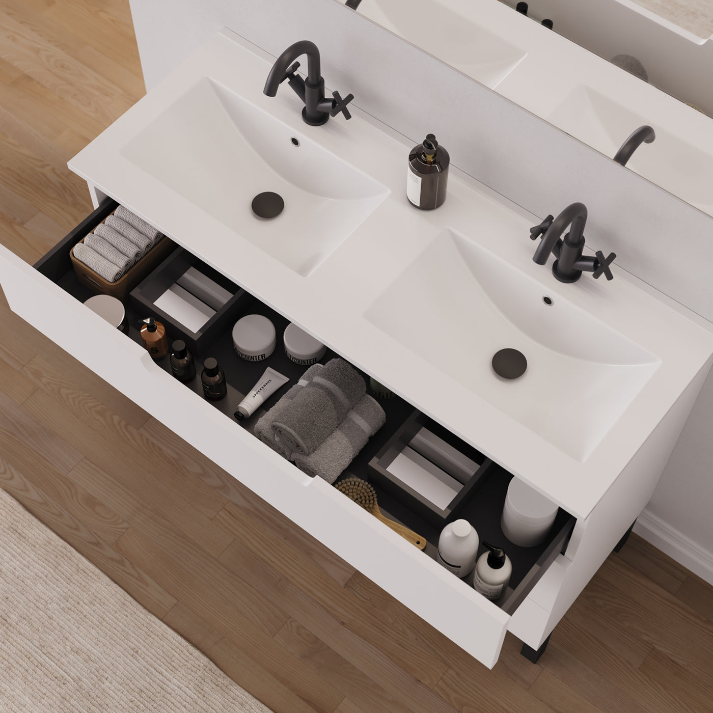 Meuble salle de bain RIZA 120cm blanc double vasque vue dessus