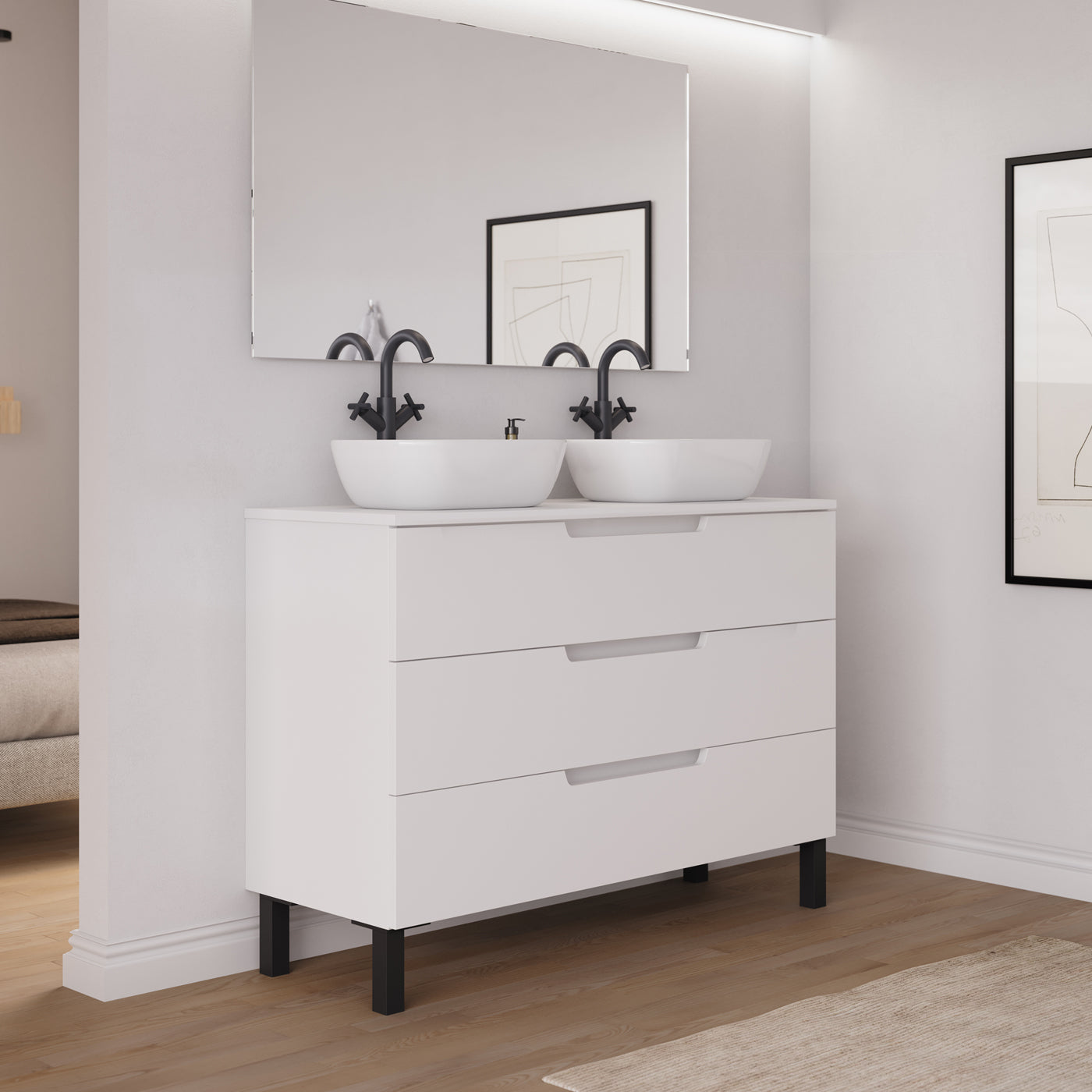 Ambiance Meuble salle de bain RIZA 120cm blanc double vasque zeus vue côté