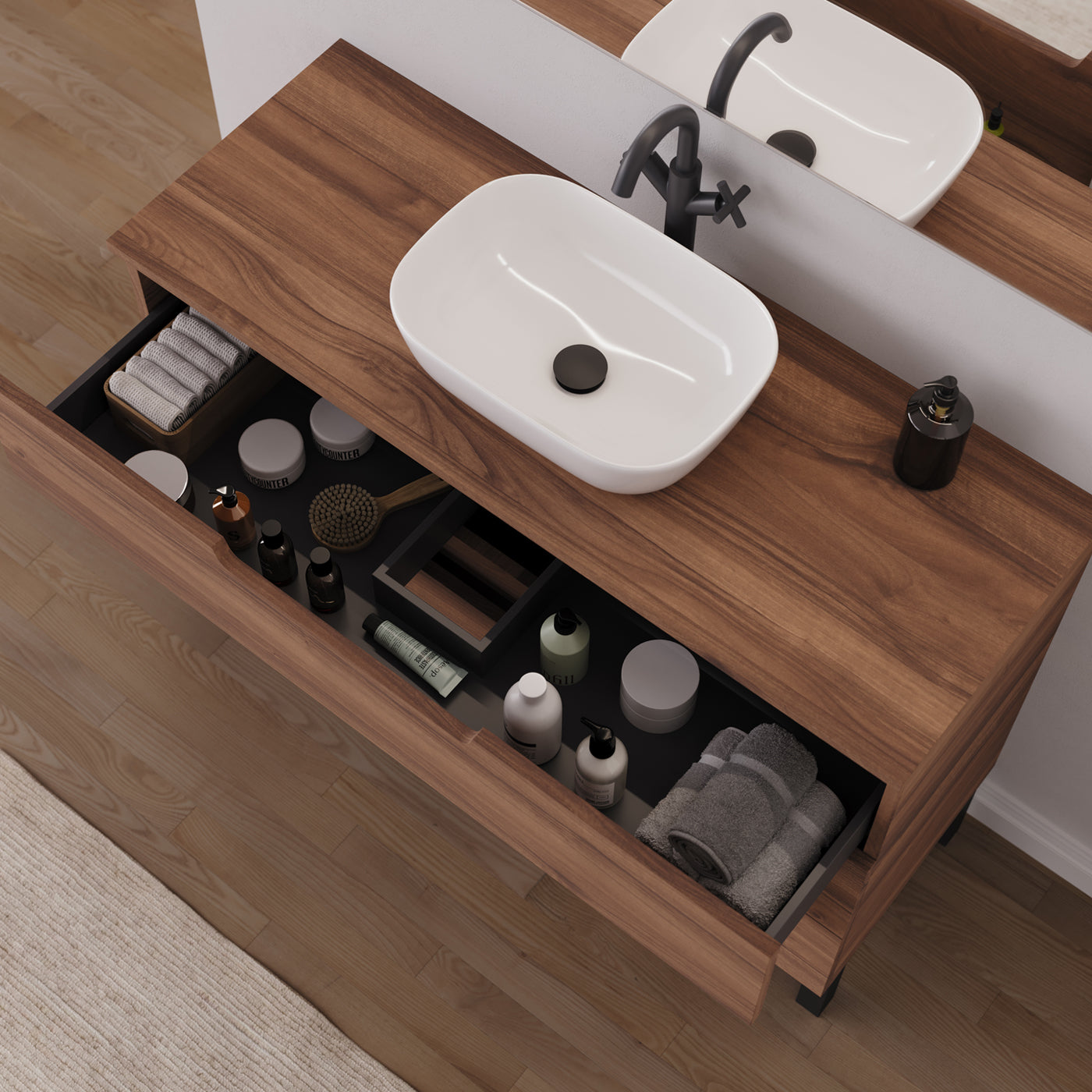 Meuble salle de bain RIZA 120cm noyer vasque zeus vue dessus