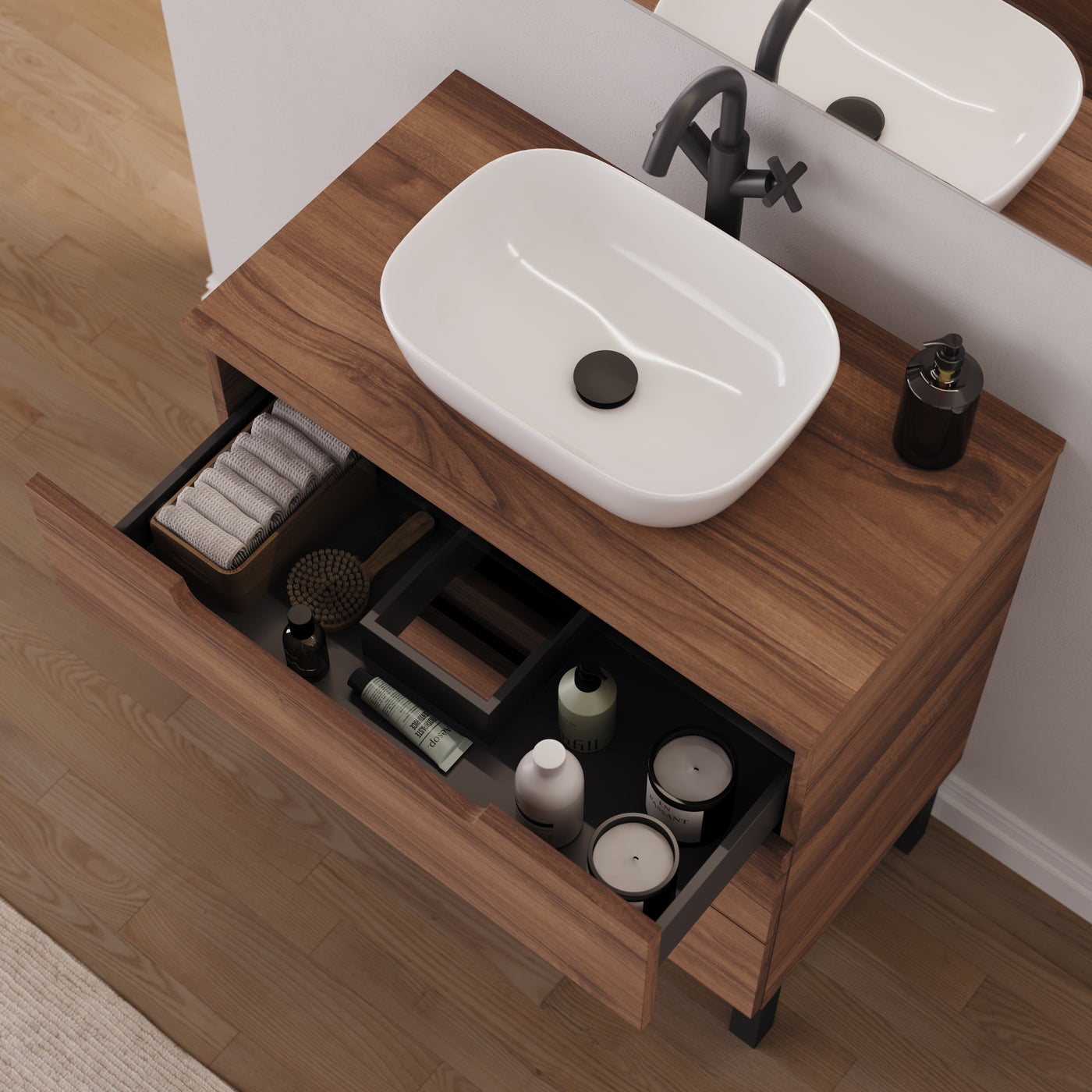 Meuble salle de bain RIZA 80cm noyer vasque zeus vue dessus