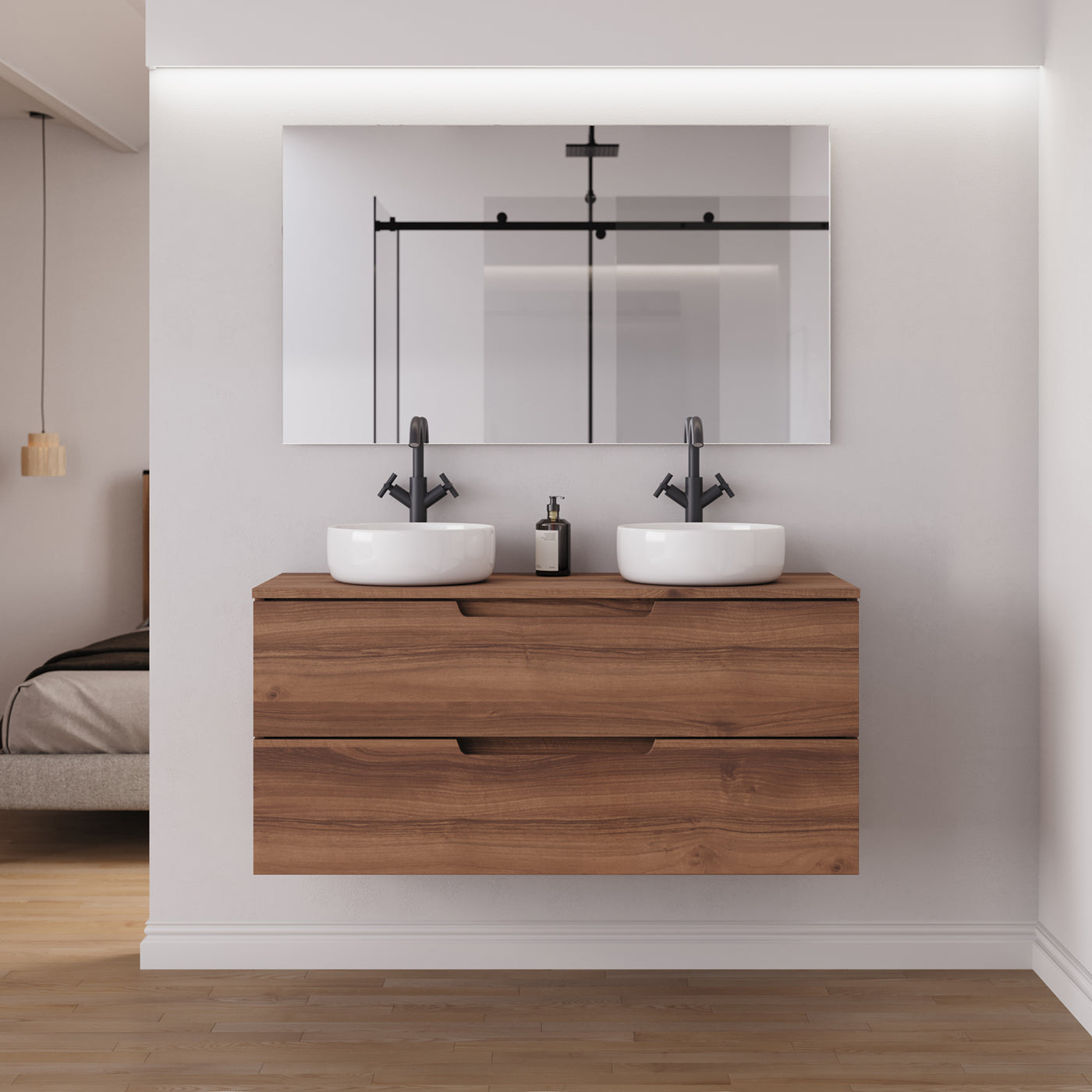 Meuble salle de bain SONRIZA 120cm 2 tiroirs noyer 2 vasques ares vue face