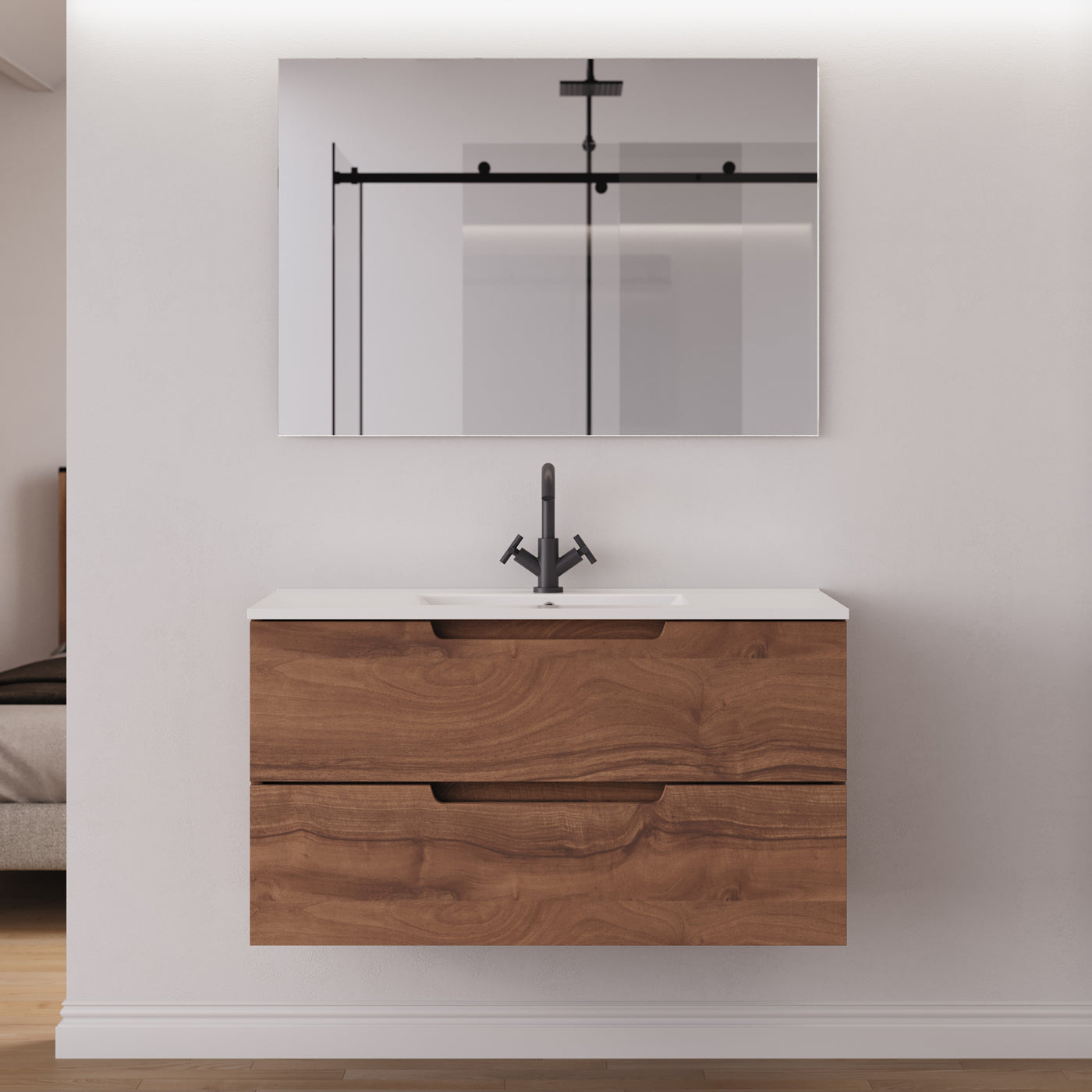 Meuble salle de bain SONRIZA 100 cm noyer miroir