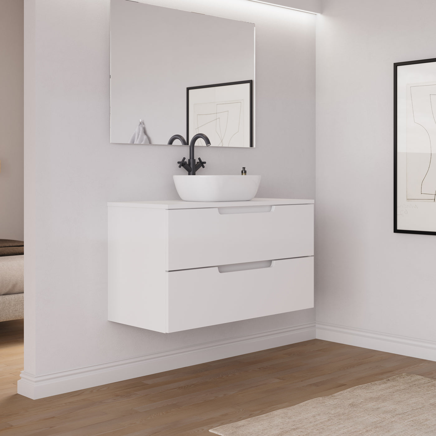 Ambiance meuble salle de bain SONRIZA 100cm blanc vasque zeus vue profil