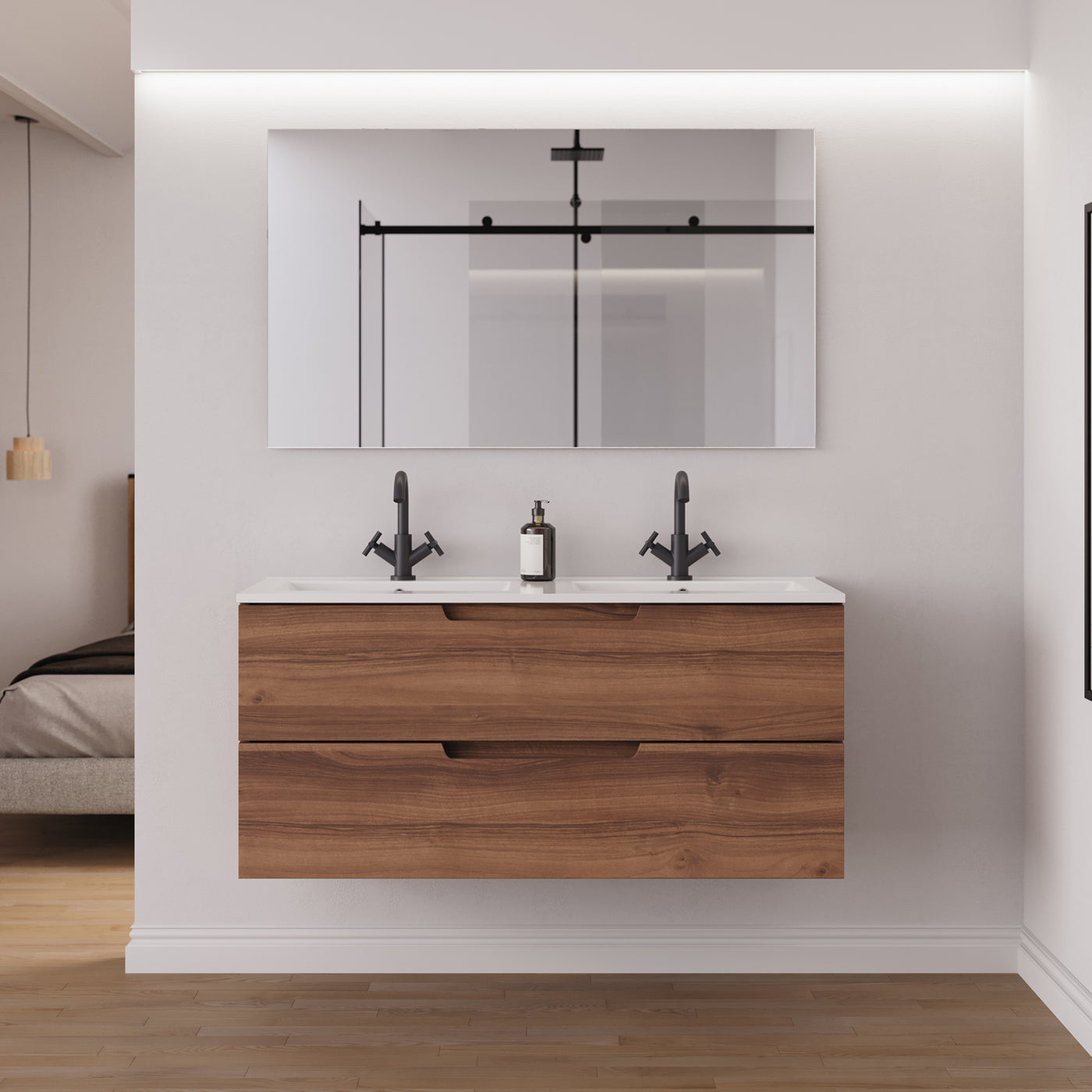 Ambiance Meuble salle de bain SONRIZA 120cm 2 tiroirs noyer double vasque vue côté