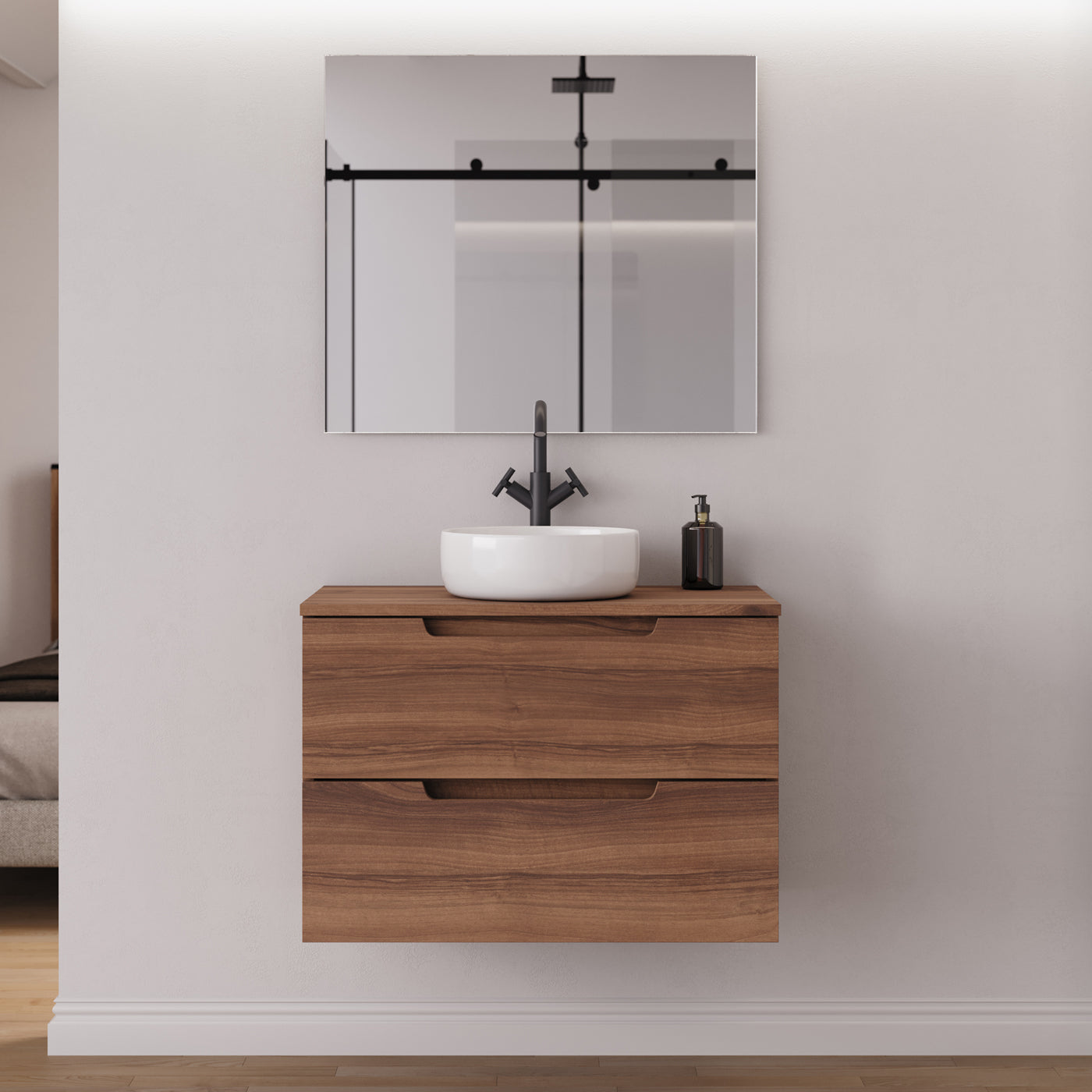 Meuble salle de bain SONRIZA 80cm noyer vasque ares miroir