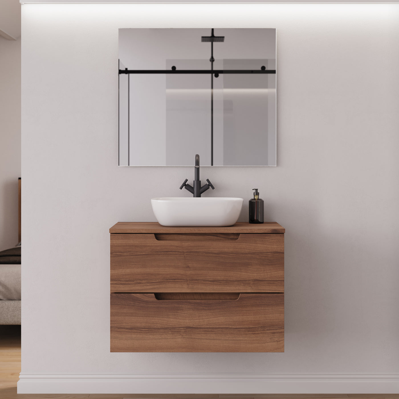 Meuble salle de bain SONRIZA 80cm noyer vasque zeus miroir