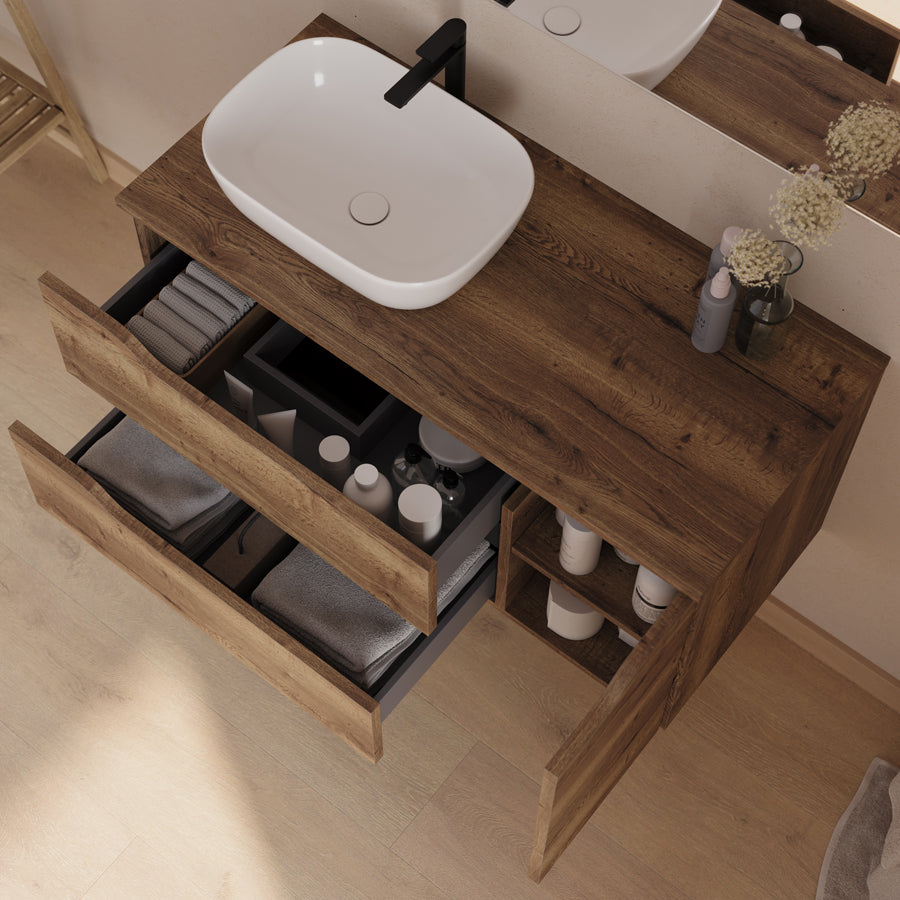Meuble de salle de bain 100cm avec plateau, vasque à poser déportée à gauche Zeus et miroir - 2 tiroirs et un placard - ZARZA