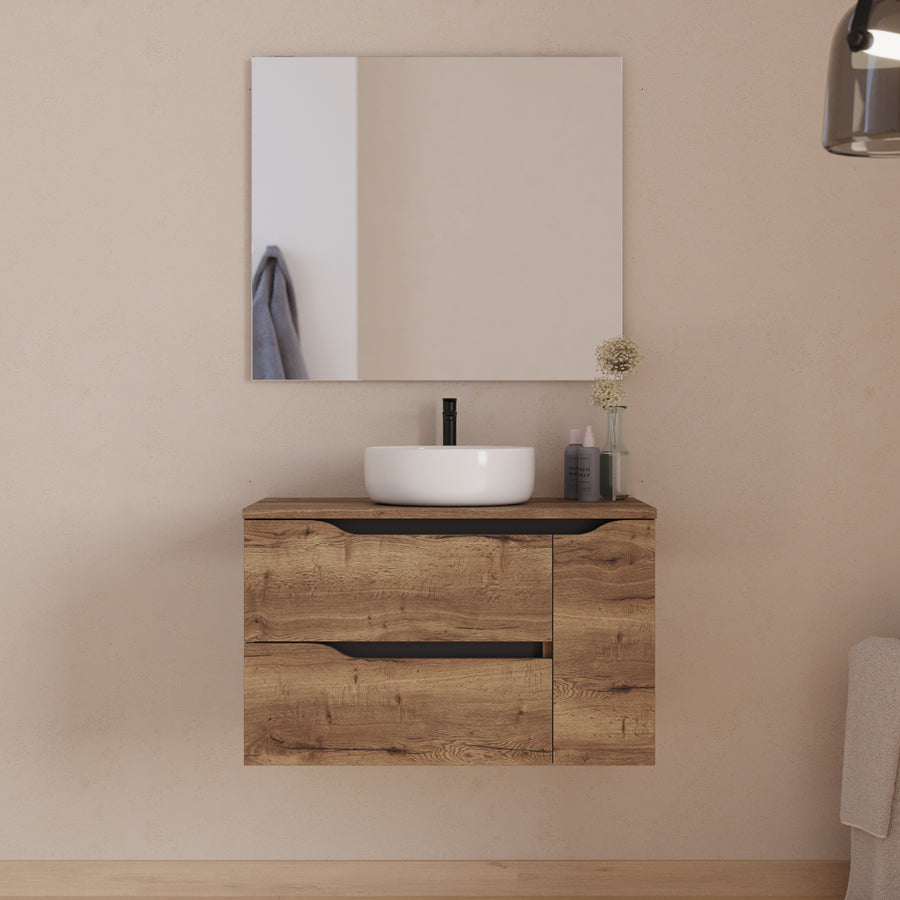 Meuble de salle de bain 80cm avec plateau, vasque centrée à poser Ares et miroir - 2 tiroirs et un placard - ZARZA