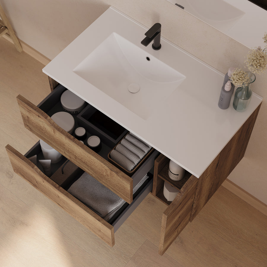 Meuble de salle de bain 80cm avec vasque déportée à gauche et miroir - 2 tiroirs et un placard - ZARZA