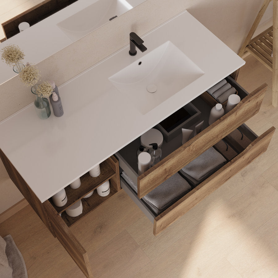 Meuble de salle de bain 120cm avec vasque déportée à droite et miroir - 2 tiroirs et un placard - ZARZA