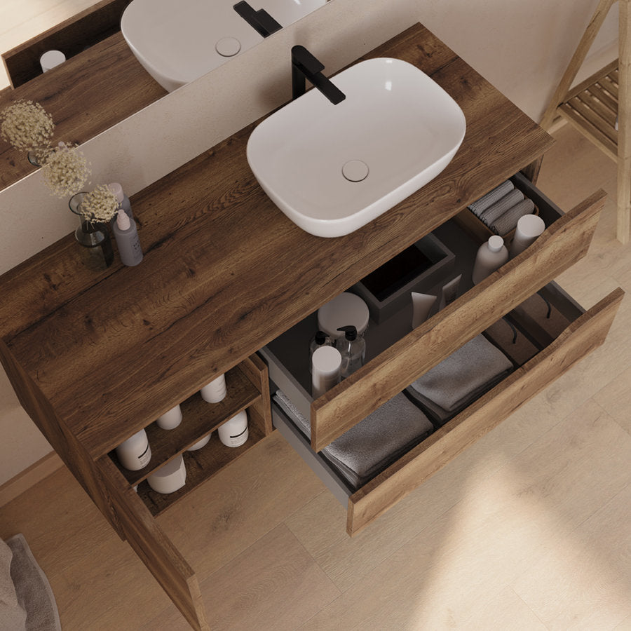 Meuble de salle de bain 120cm avec plateau et vasque à poser déportée à droite Zeus - sans miroir - 2 tiroirs et un placard - ZARZA