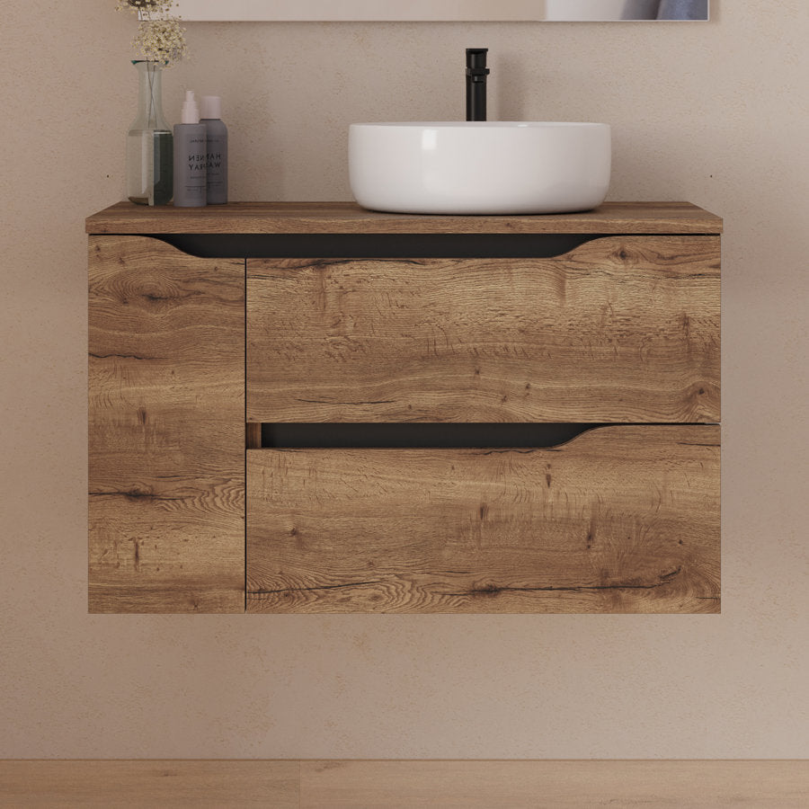 Meuble de salle de bain 80cm avec plateau, vasque à poser déportée à droite Ares et miroir - 2 tiroirs et un placard - ZARZA
