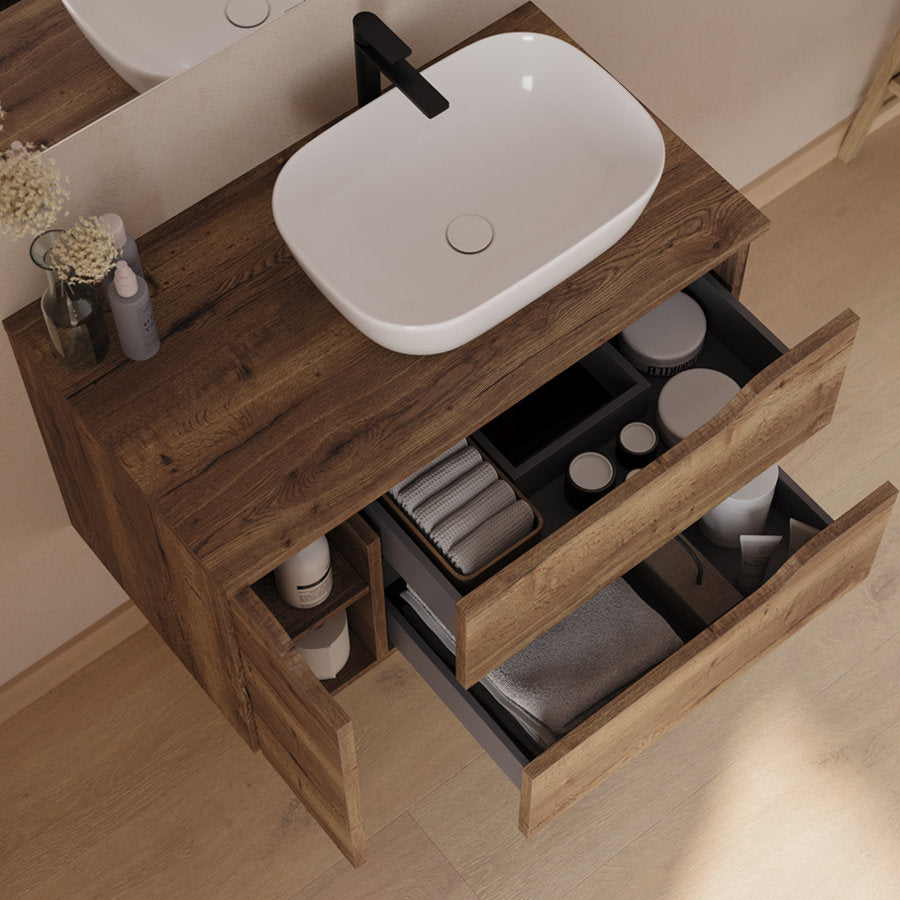 Meuble de salle de bain 80cm avec plateau et vasque à poser déportée à droite Zeus - sans miroir - 2 tiroirs et un placard - ZARZA