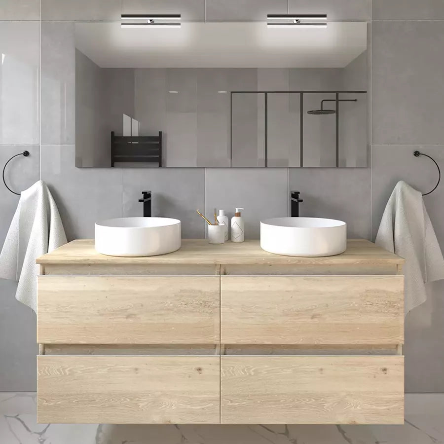 Meuble de salle de bain 120cm avec vasques rondes - 4 tiroirs - BALEA et miroir avec appliques