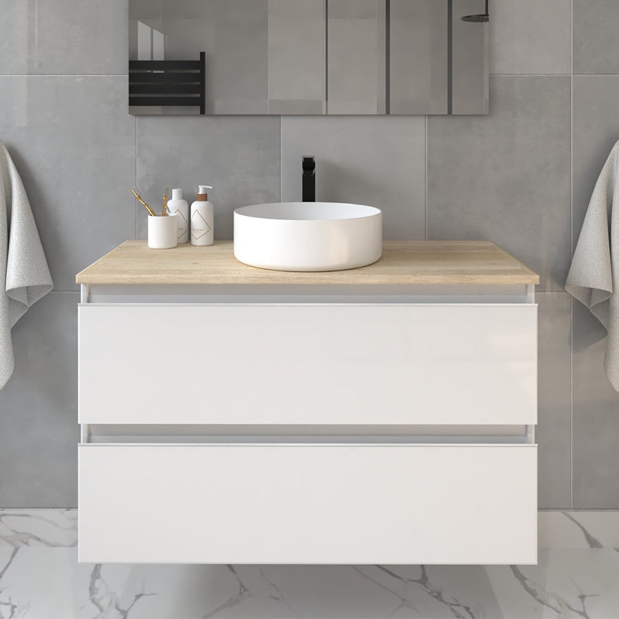 Meuble de salle de bain 70cm avec vasque à poser ronde - 2 tiroirs - BALEA et miroir rond Led SOLEN