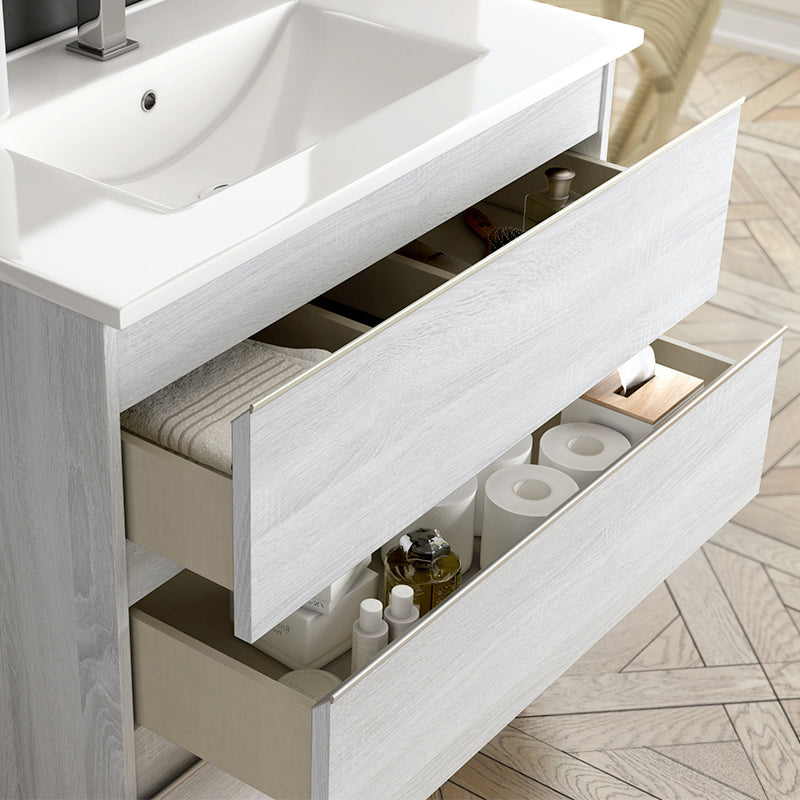 Meuble de salle de bain 70cm simple vasque - 3 tiroirs - PALMA et miroir rond Led SOLEN