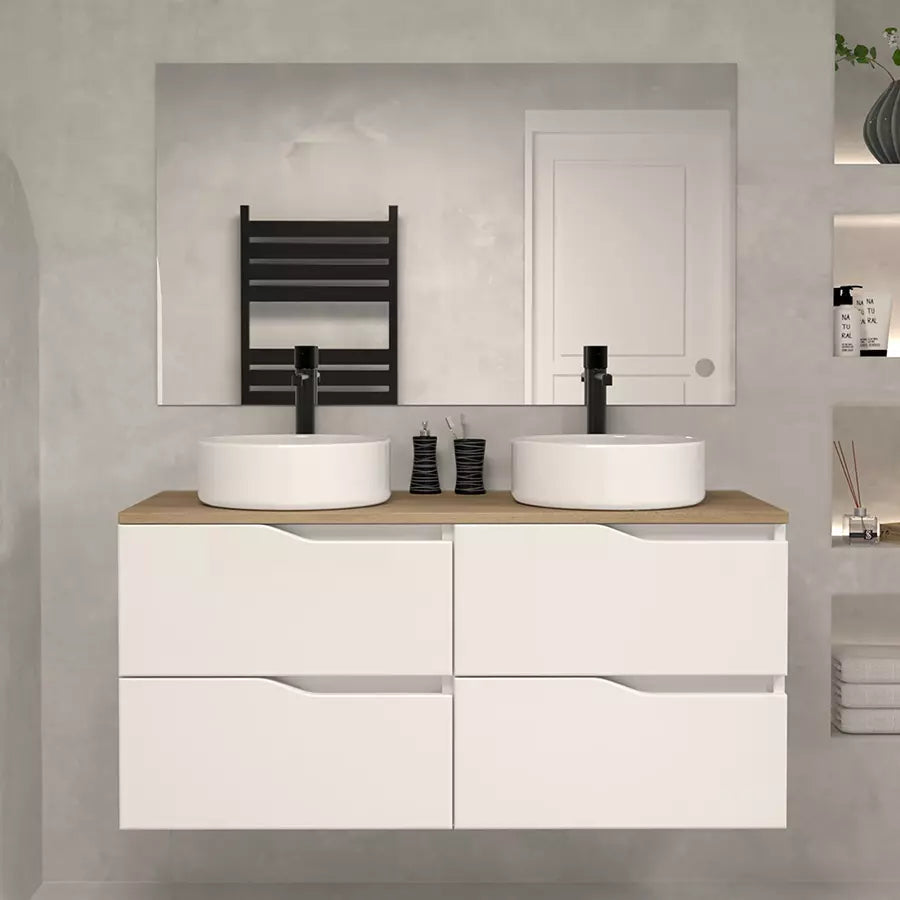 Meuble de salle de bain 120 avec plateau et 2 vasques à poser - 4 tiroirs - LUNA
