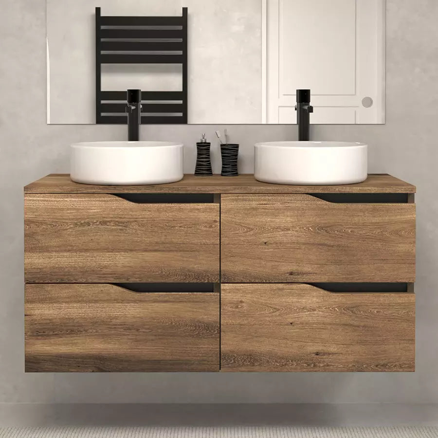 Meuble de salle de bain 120 avec plateau et 2 vasques à poser - sans miroir - 4 tiroirs - LUNA