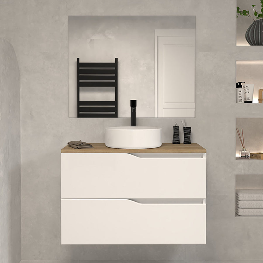 Meuble de salle de bain LUNA 2 tiroirs 60 cm vasque ronde plateau miel et blanc avec miroir