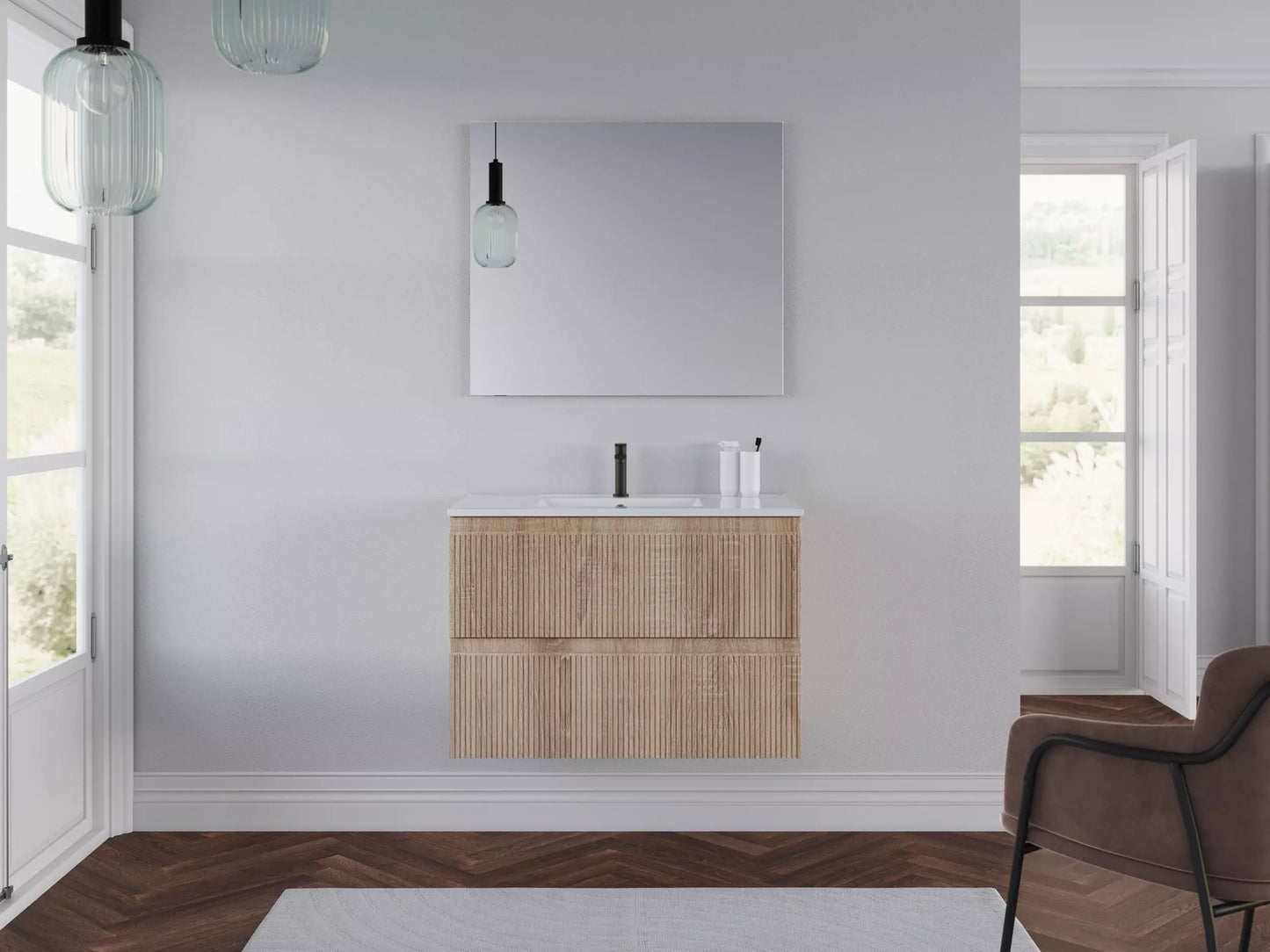 Meuble de salle de bain 60cm avec plan simple vasque - sans miroir - 2 tiroirs - RIBERA