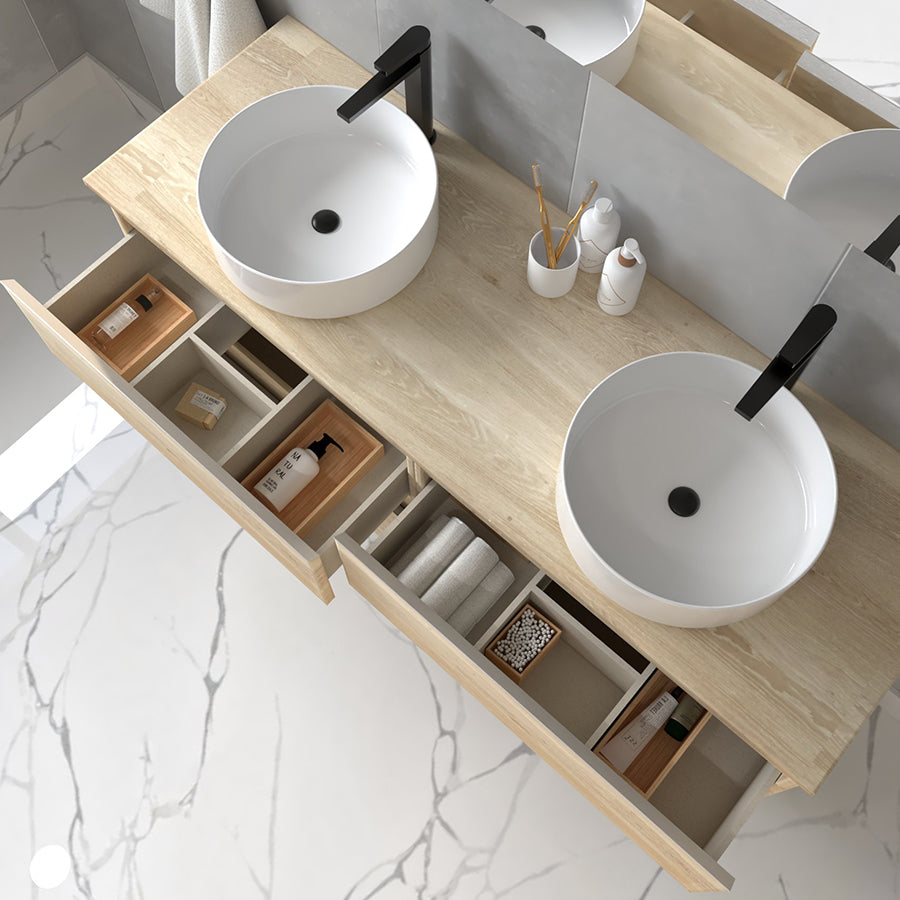 Meuble de salle de bain avec vasques rondes - 4 tiroirs - BALEA et miroir Led STAM - 120cm