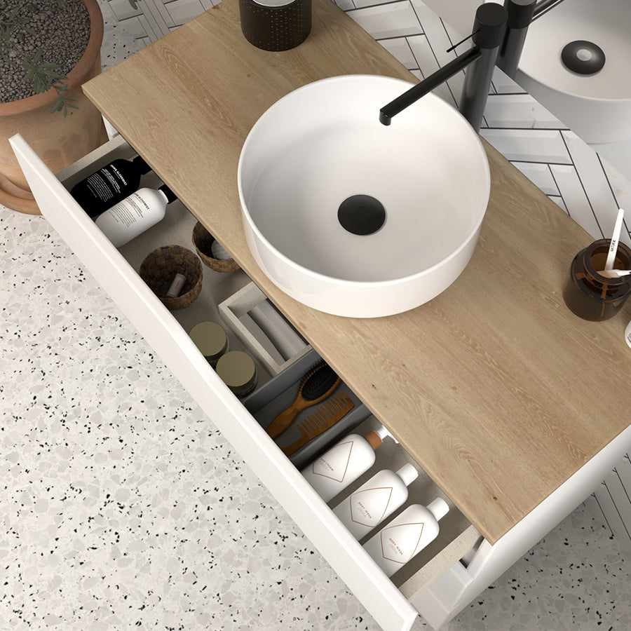 Meuble de salle de bain 100 avec plateau et vasque à poser - sans miroir - 3 tiroirs - MATA