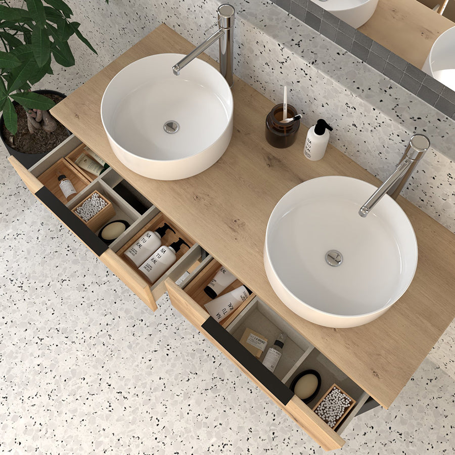 Meuble de salle de bain 120cm avec vasques à poser rondes - 4 tiroirs - sans miroir - ALBA