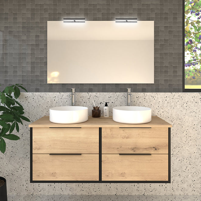 Meuble de salle de bain 120cm avec vasques rondes - 4 tiroirs et miroir avec appliques - ALBA