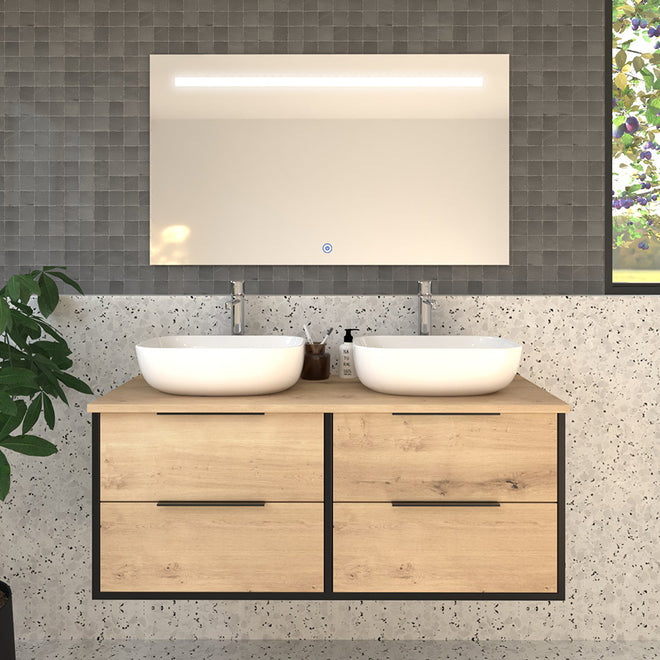 Meuble de salle de bain 120cm avec vasques à poser arrondies - 4 tiroirs - ALBA et miroir Led Stam